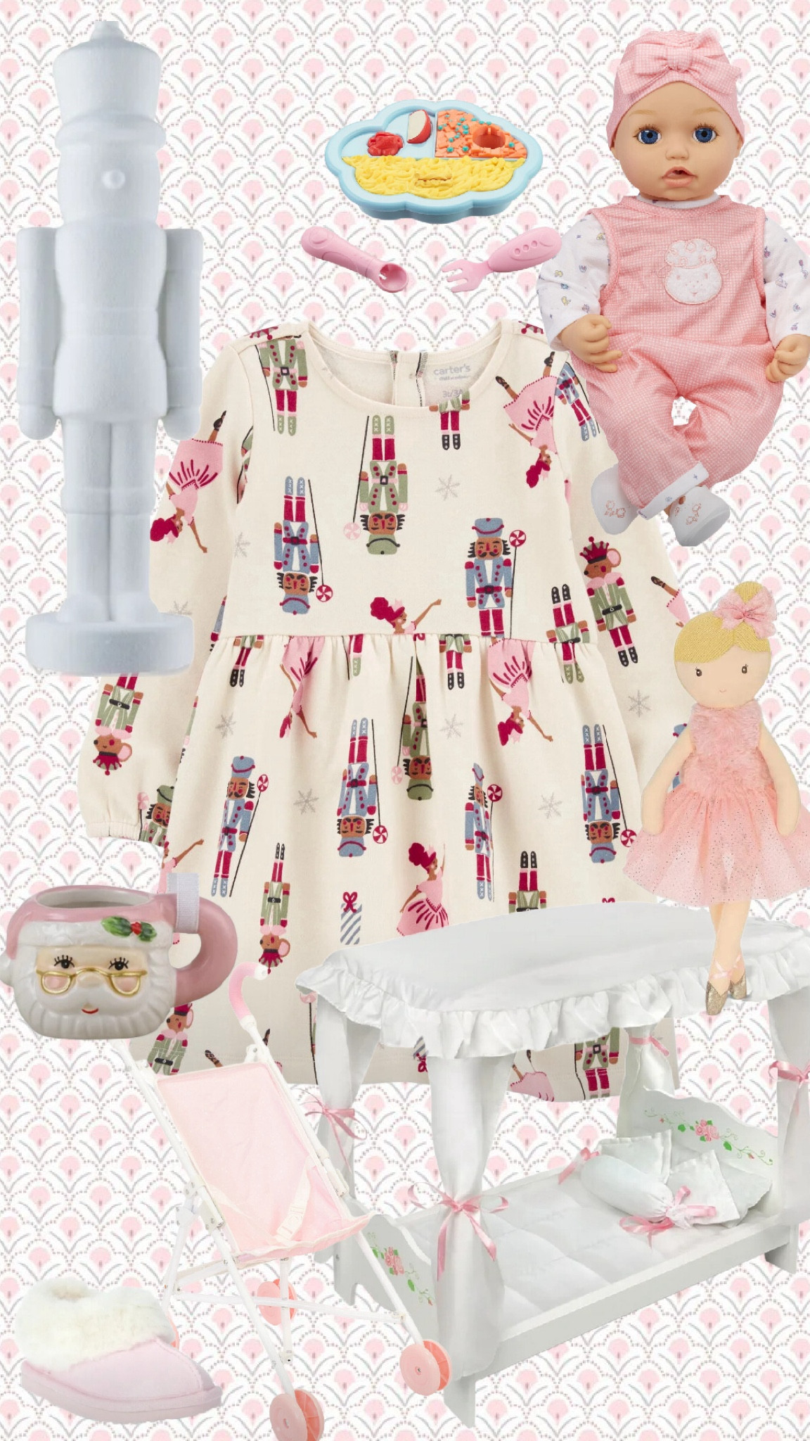 $12 girls nutcracker dress! This $9 baby stroller is precious! We also love this little baby food set! 

Christmas dress, holiday, kids clothes, nutcrackers, gifts for baby, gifts for girls, baby bed, baby doll bed 