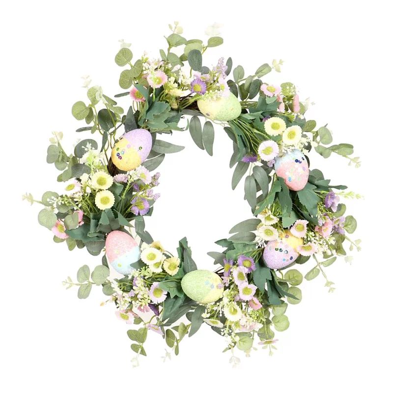 18 inch Artificial Easter Wreath with Colored Egg, Daisy and Eucalyptus Branches, Mixed Twigs Spr... | Walmart (US)