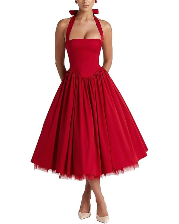 Women Summer Halter Dress Low Cut Sleeveless A Line Tulle Swing Flowy Tea Length Dress Corset Pro... | Amazon (US)
