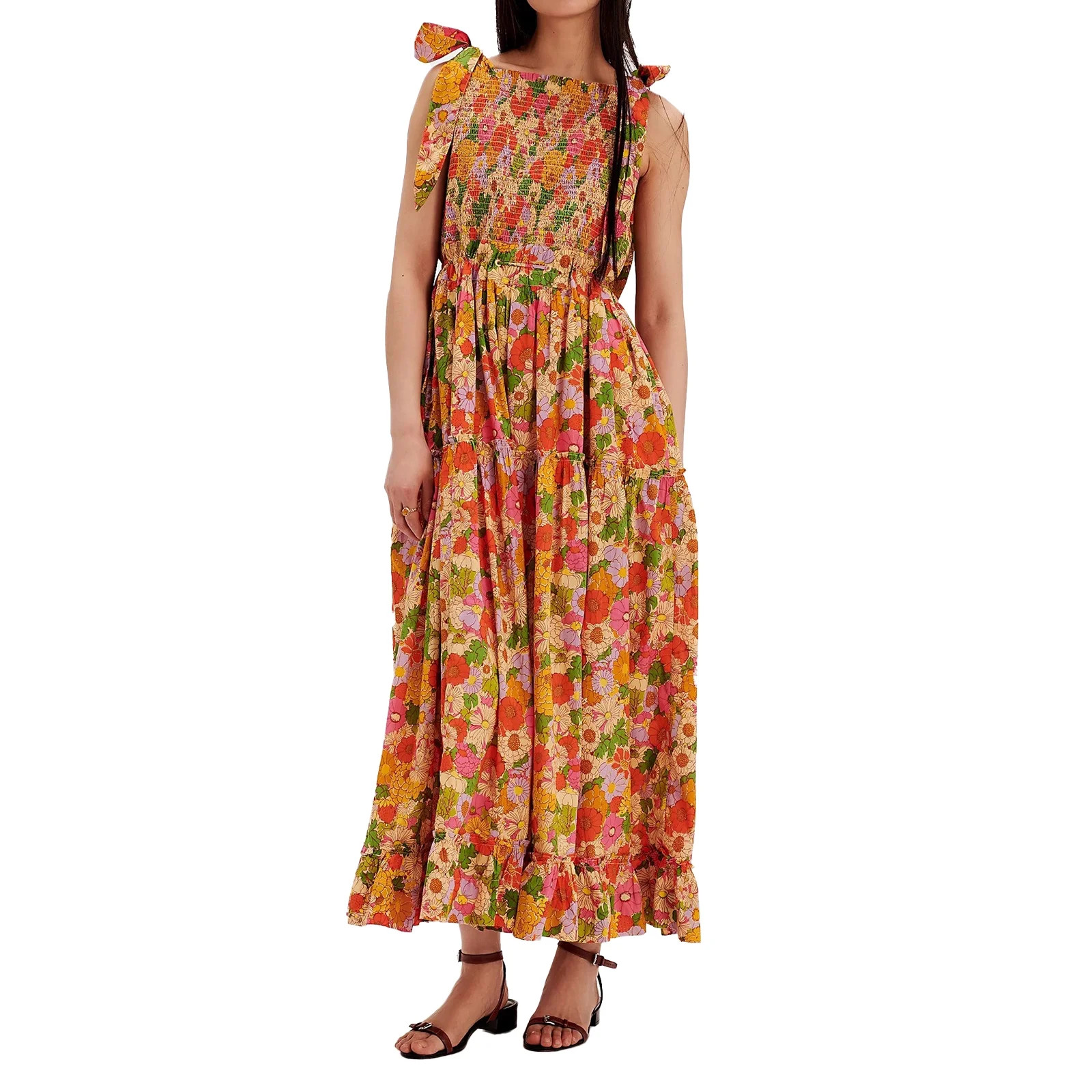 Women Floral Maxi Dress Tie Shoulder Cutout Backless Boho Smocked Flowy Dresses Summer Fall Sundr... | Walmart (US)