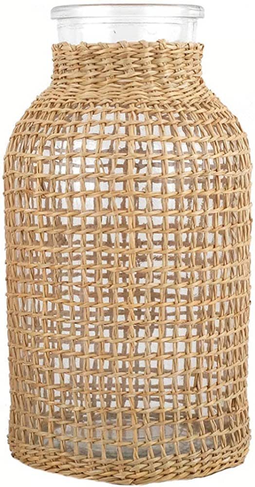 Boho Glass Flower Vase with Rattan Cover, Farmhouse Flower Bud Vase, Round Decorative Flower Vase... | Amazon (US)