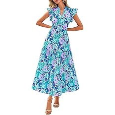 PRETTYGARDEN Women's 2026 Summer Floral Midi Dress Cap Sleeve V Neck Ruffle Long Flowy Boho Casua... | Amazon (US)