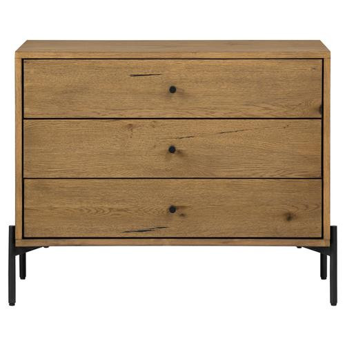 Alina Rustic Lodge Brown Wood Dark Grey Iron 3 Drawer Wide Nightstand | Kathy Kuo Home