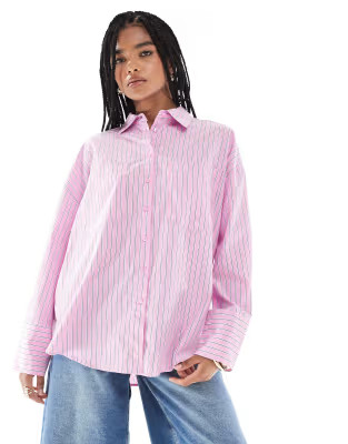 Pimkie collared poplin oversized sleeve shirt in pink stripe | ASOS (Global)