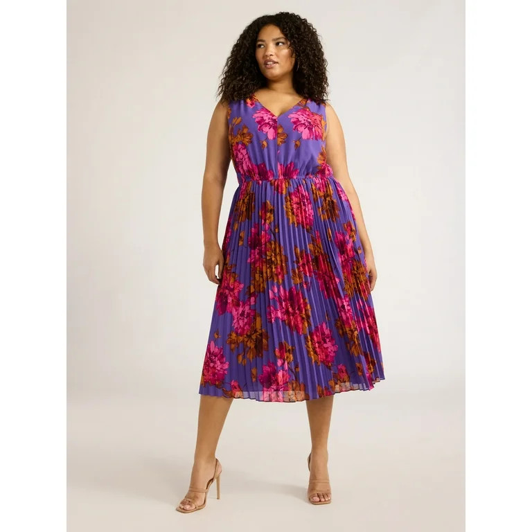 Sofia Jeans Women's and Women's Plus Size Sleeveless Pleated V-Neck Dress, Above Ankle Length, Si... | Walmart (US)