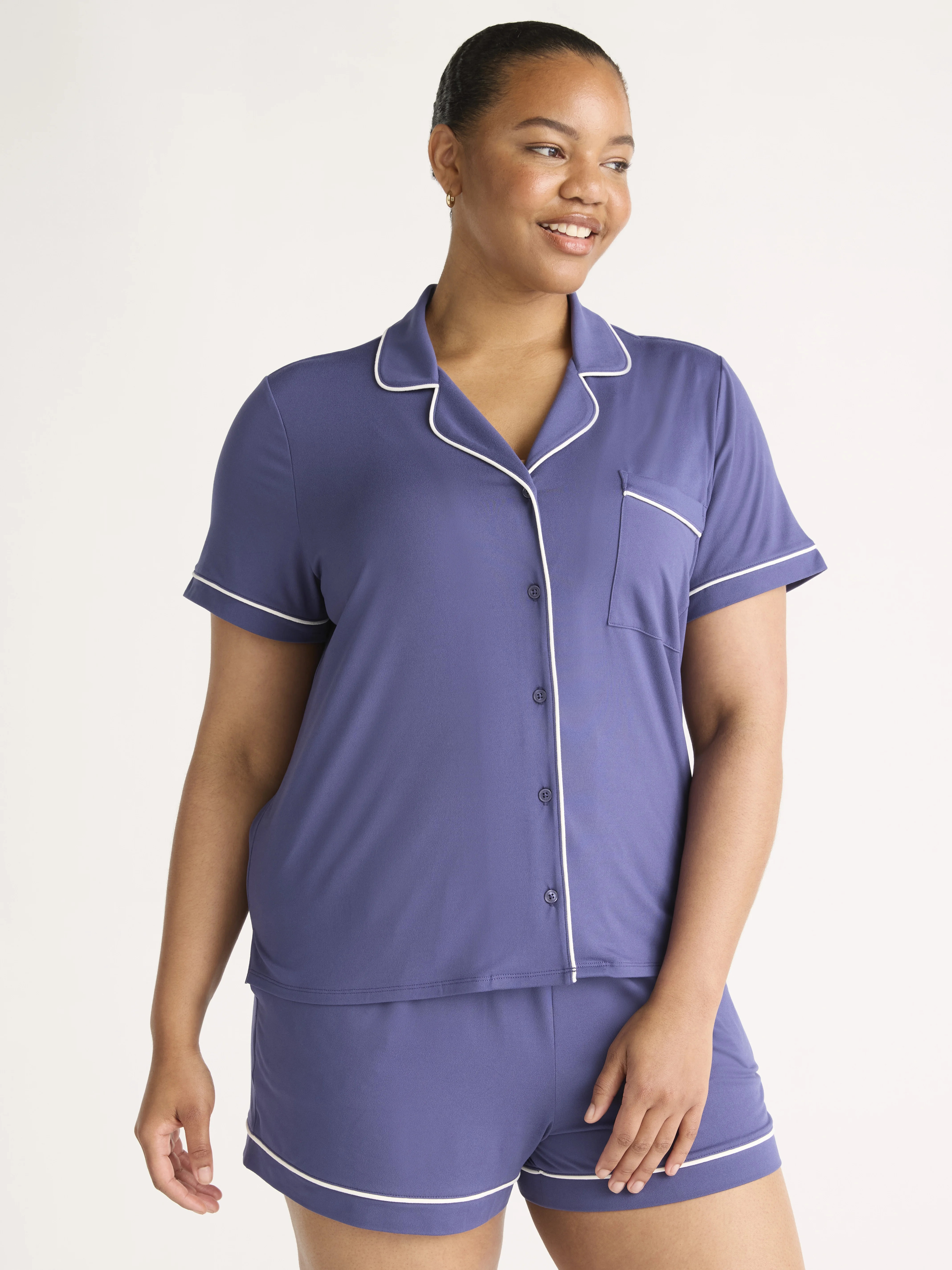 Joyspun Women’s Short Sleeve Knit Notch Collar Top and Shorts Pajama Set, 2-Piece, Sizes XS-3X | Walmart (US)