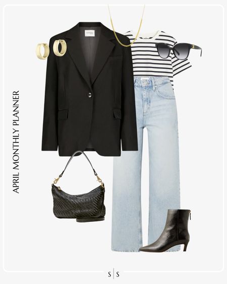 Monthly outfit planner: APRIL: Spring looks | wide leg jean, striped top, black blazer, ankle boot, sunglasses, woven handbag

See the entire calendar on thesarahstories.com ✨ 


#LTKstyletip