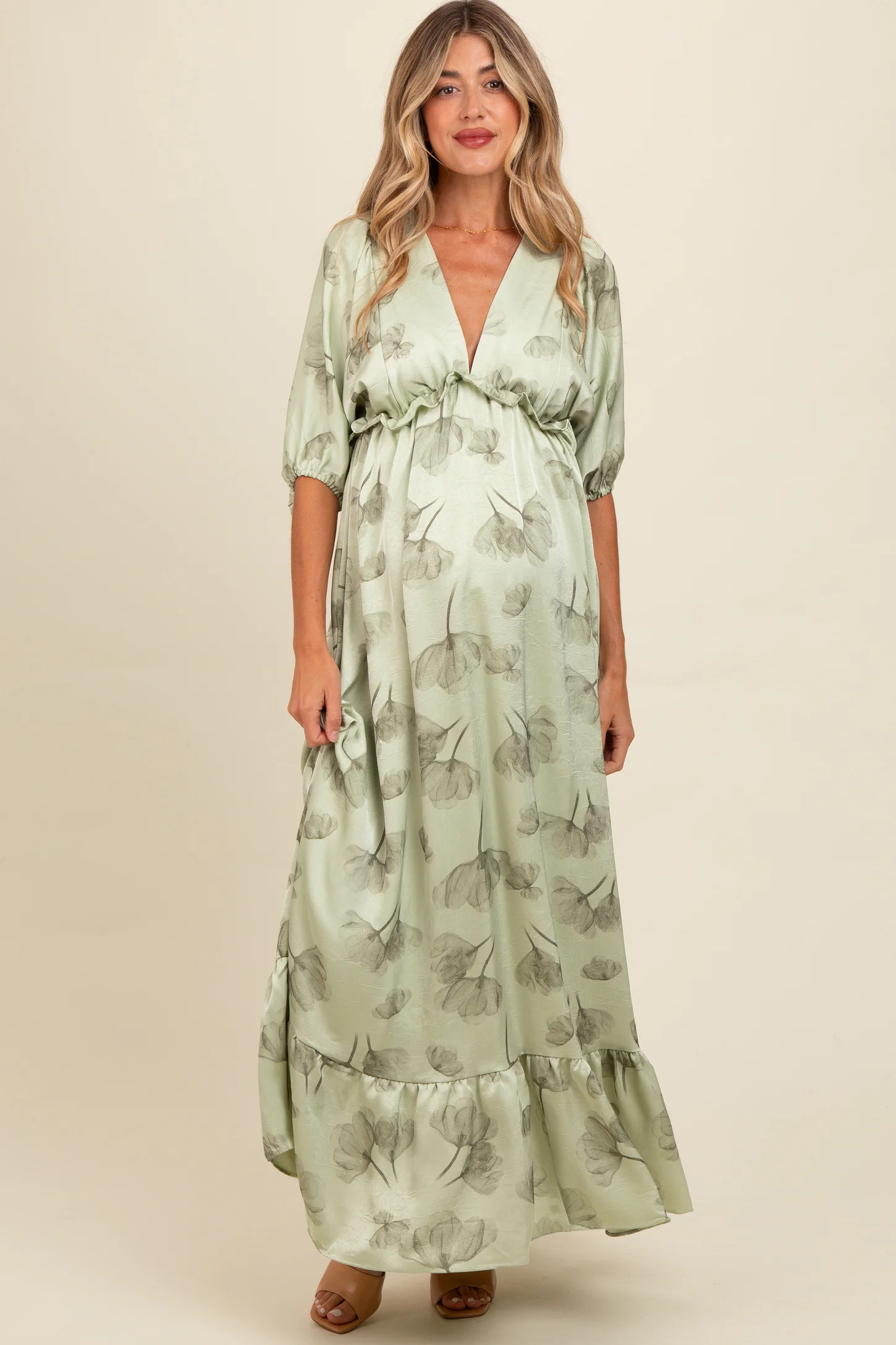 Light Olive Floral Chiffon Ruffle Accent Maternity Maxi Dress | PinkBlush Maternity