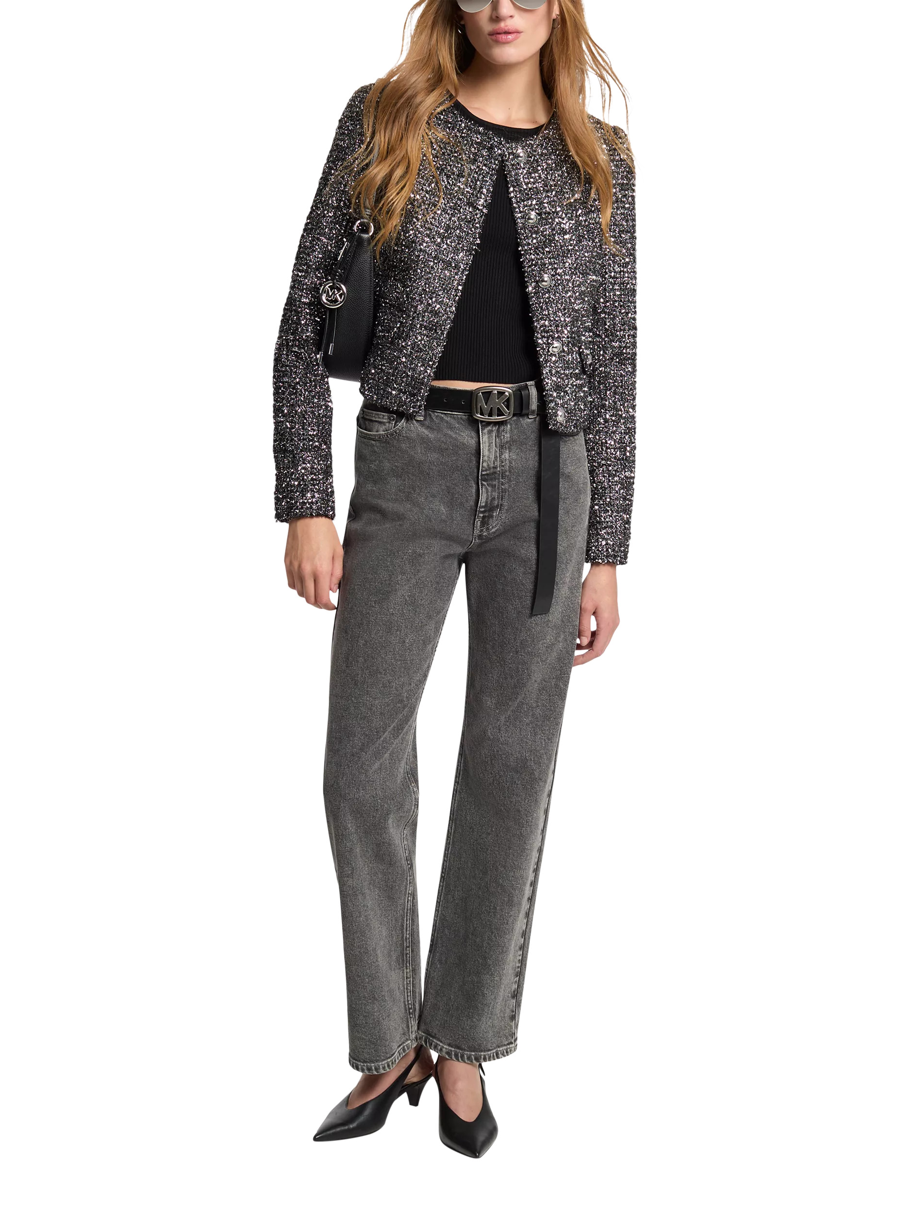 Michael Kors Metallic Tweed Cropped Cardigan, Silver | John Lewis (UK)