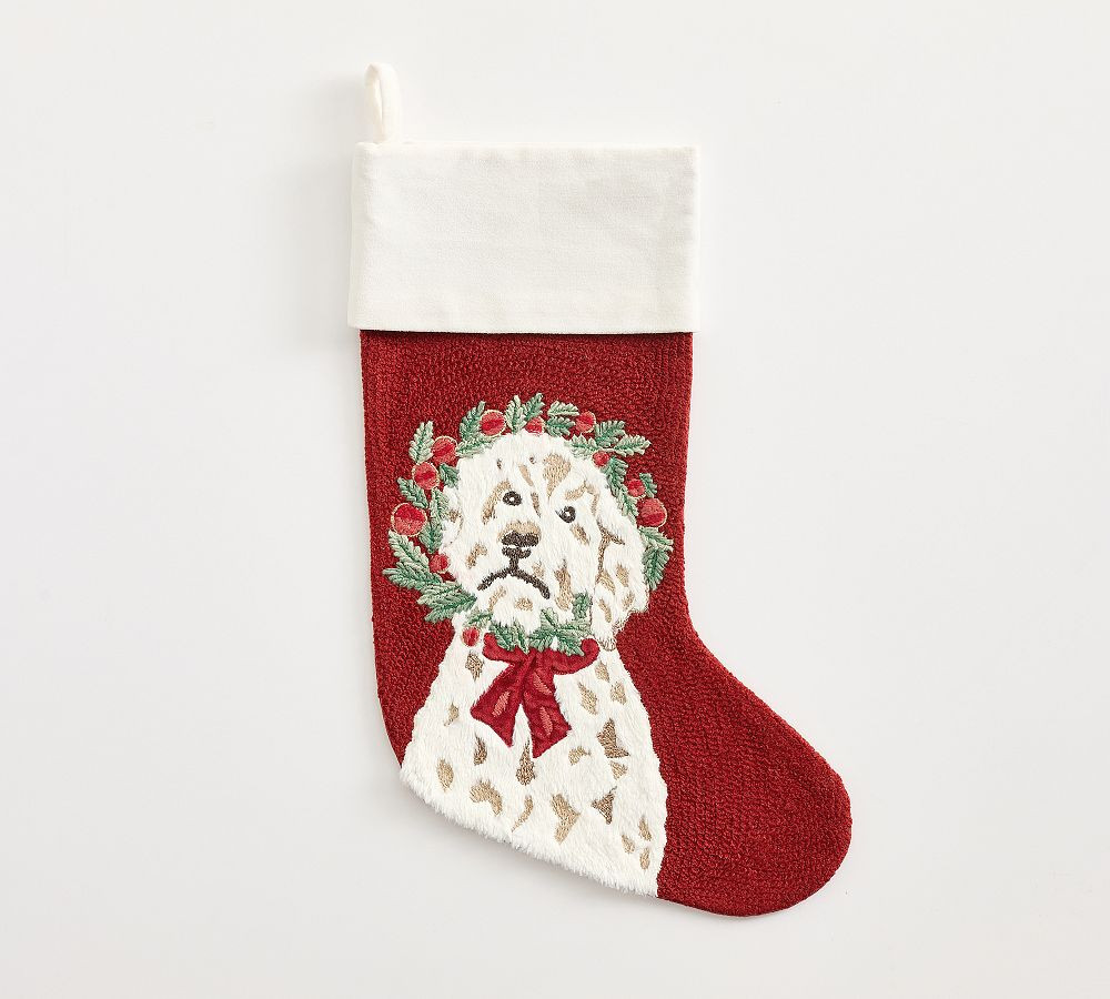 Crewel Stocking Medium Goldendoodle W/ Wreath | Pottery Barn (US)