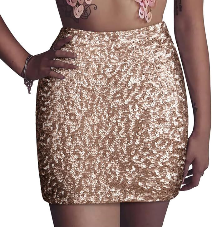 PrettyGuide Women's Sequin Skirt Stretchy Bodycon Sparkle Mini Skirt Night Out | Amazon (US)