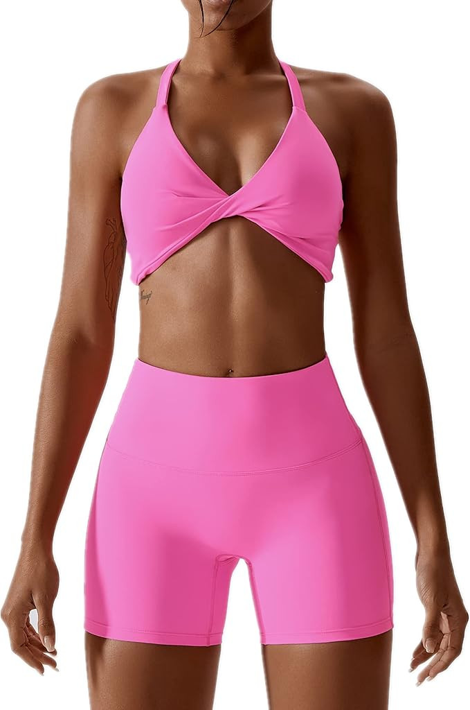 ABOCIW Workout Sets for Women 2 Piece Twist Front Halter Sports Bras High Waist Biker Shorts Exer... | Amazon (US)