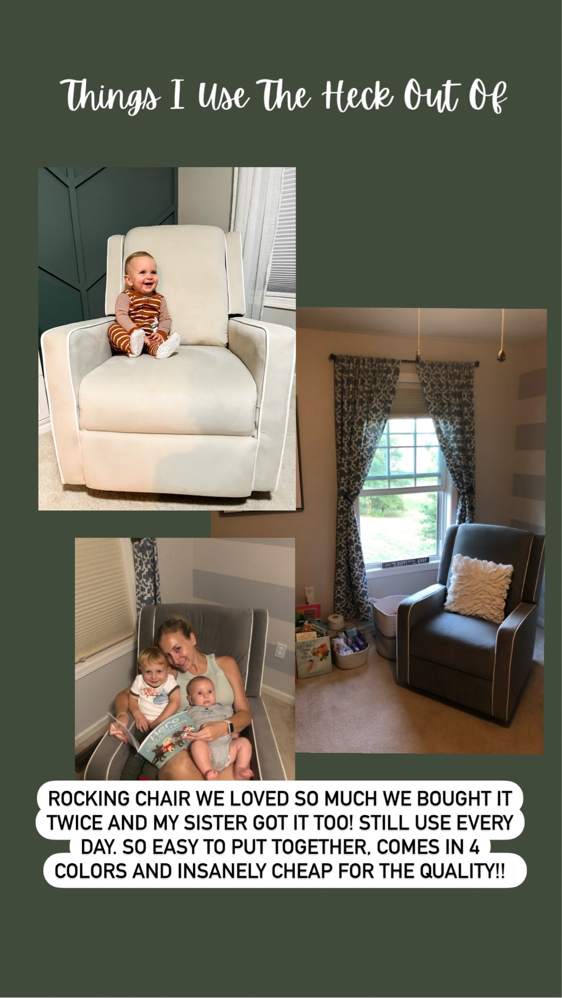 The best rocking chair. I haven’t had one regret with this purchase. We bought it twice because it was THAT good. Cleans up soooo well, still looks brand new. It rocks and reclines. My sister bought it for her nursery too! It is insanely cheap for the quality. Highly recommended!!! 

#LTKbaby #LTKhome #LTKMostLoved