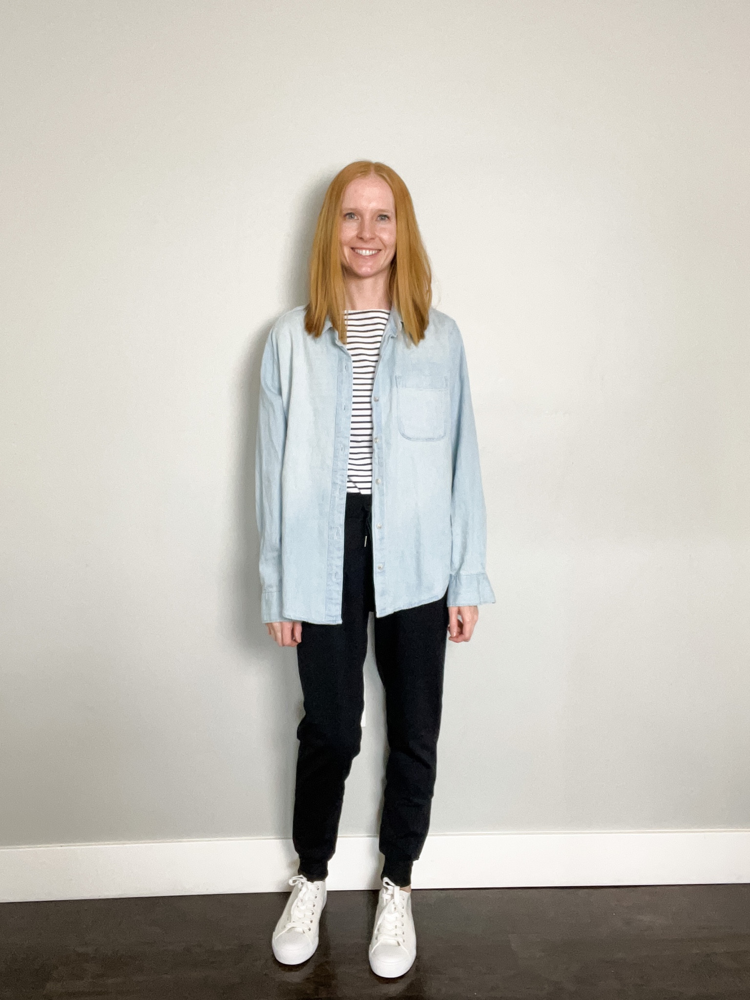 Wearing size XS in joggers. Black jogger pants, chambray shirt, striped shirt, and white sneakers. Travel outfit, outfit for traveling, women’s fashion, spring fashion, spring style, casual outfit ideas  

#LTKfit #LTKstyletip #LTKtravel