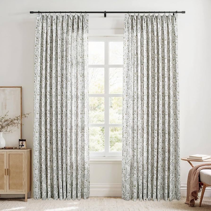 TWOPAGES Pinch Pleat Floral Curtain 96 Inch Long Light Filtering Privacy Drape Linen Textured Pri... | Amazon (US)
