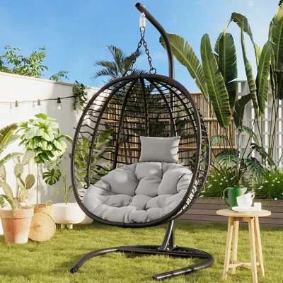 Single Person Folding Egg Chair With Stand, Hanging Egg Chair Indoor Outdoor, Wicker Hammock Swing Chair With Adjustable Anti-Slip Feet,Suitable For B | Wayfair North America