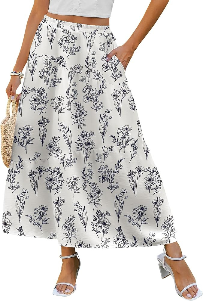 Zeagoo Women's Maxi Skirts Boho High Waist Pleated A-Line Flowy Swing Asymmetric Tiered Long Beac... | Amazon (US)