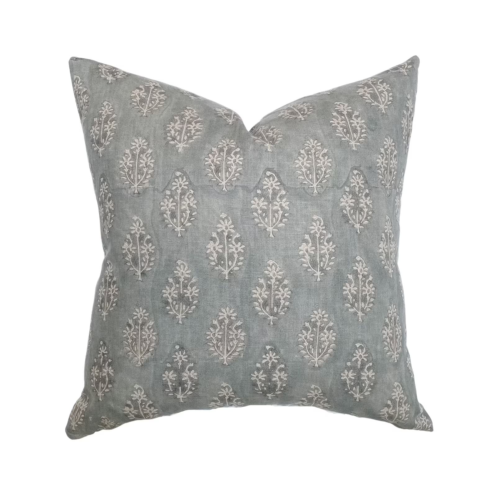 Silas | Muted Blue Floral Handblock Pillow Cover | Dusty Blue Designer Fabric | Neutral Home Deco... | Etsy (US)