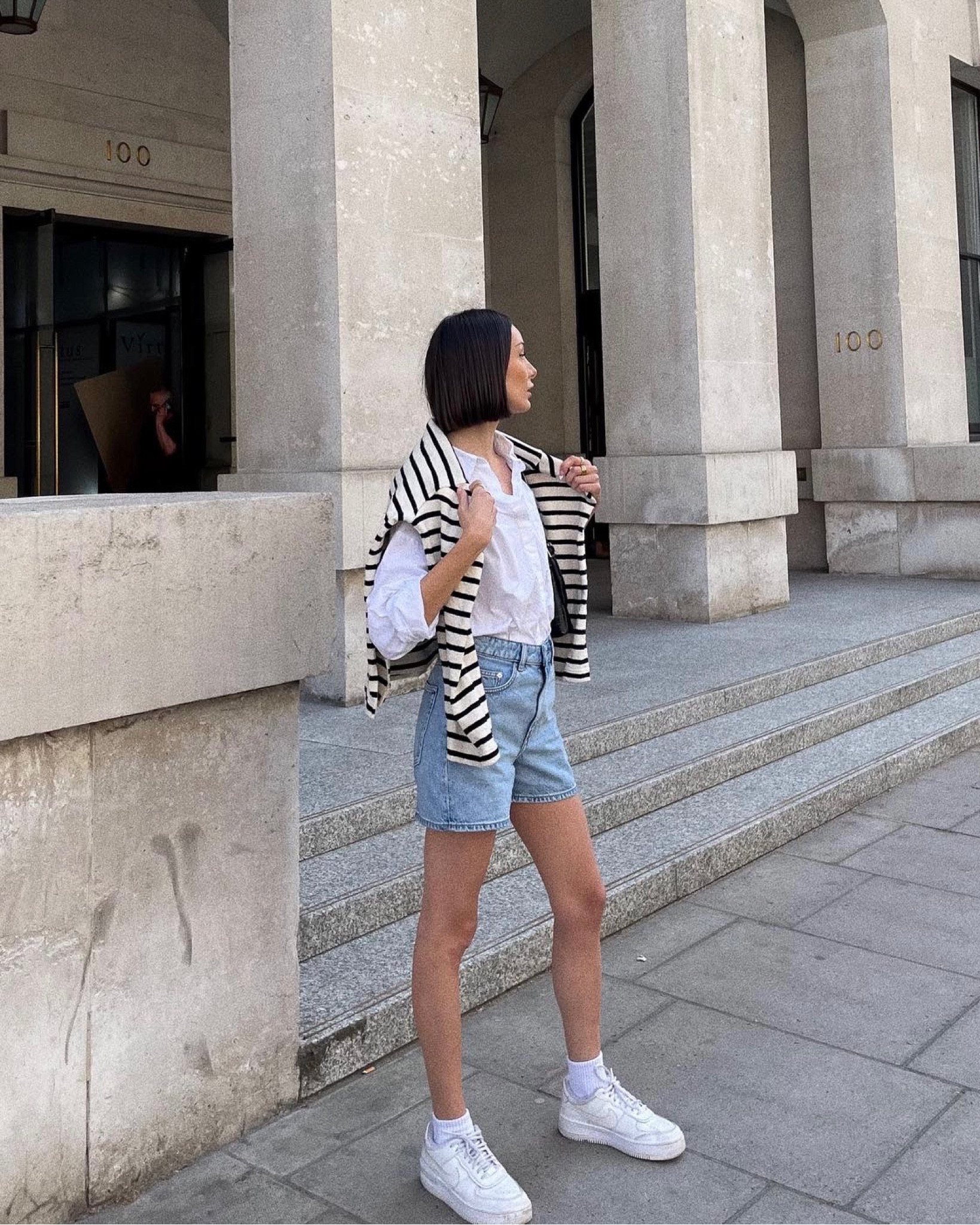 Minimal style, summer outfit ideas, Bermuda shorts, low rise denim shorts, oversized shirt, white shirt, stripe jumper, cream knit jumper, crew neck, white trainers, nike, arket, cos, mango 

#LTKSeasonal #LTKfit #LTKeurope