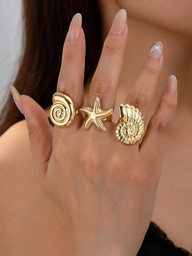 3pcs Oversized Exaggerated Sea Elements Metal Distressed Textured Shell & Starfish Rings Set For Women, Summer/Vacation Accessories | SHEIN