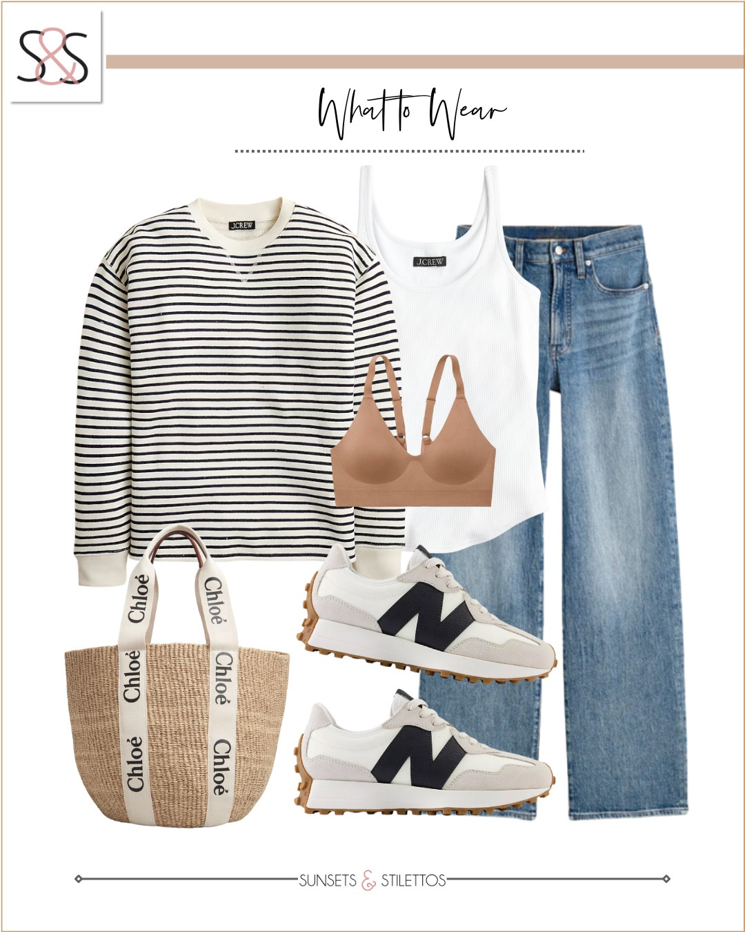 Easy layers and timeless stripes keep things casual while feeling pulled together. Add the cult-favorite sneakers and a touch of texture to finish the look

Sunsets and Stilettos striped sweatshirt Chloe tote spring casual outfit New Balance 327 light wash jeans J.Crew tank neutral style everyday look capsule wardrobe

#LTKWorkwear #LTKSeasonal #LTKOver40