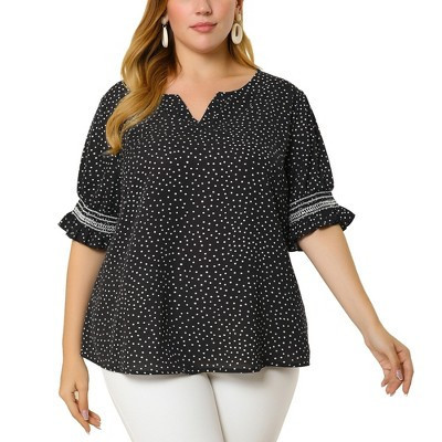 Women's Plus Size Polka Dots Notched Neck Smocked Short Sleeve Ruffled Cuff Casual Blouses - Agnes Orinda 2X Black | Target