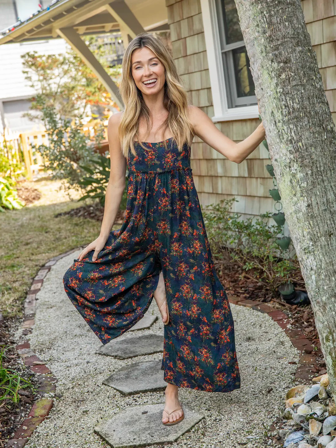 Gabi Jumpsuit - Navy Red Feathers | Natural Life