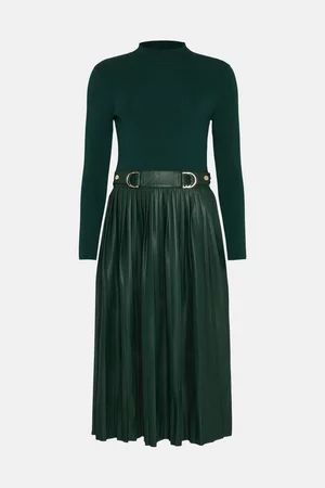 Knitted Pleated Midi Dress With Pu Detailing | Karen Millen US