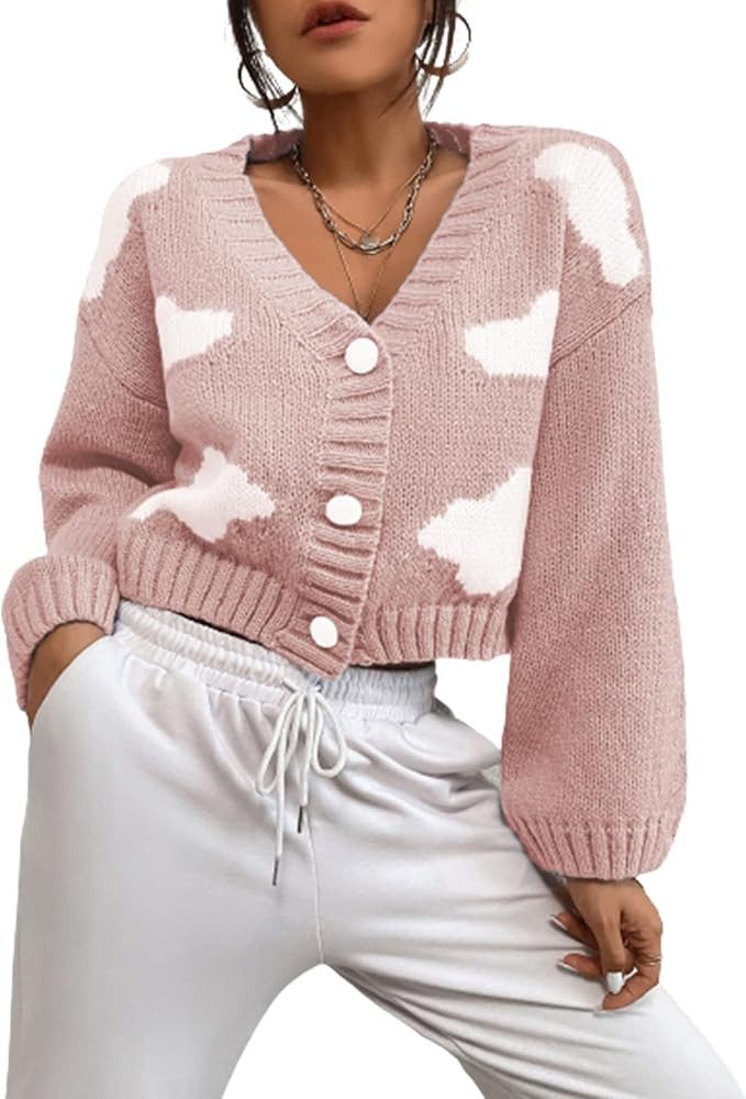 WDIRARA Women's Long Sleeve Button Front V Neck Casual Crop Cardigan Sweater | Amazon (US)