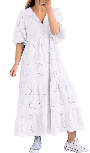 chouyatou Women's Summer Loose Floral Lace Eyelet Dress Boho Casual Notch Neck Maxi Tunic Beach D... | Amazon (US)