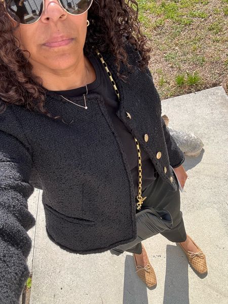 All black 🖤
Lady jacket @jcrew
Tee shirt @sezane 
Pants @jcrew on sale 
Bag @shopclarev
Shoes @fredasalvador use code 15HGC for 15% off of your first purchase
Necklace @nataliebortondesigns use code hgc10 for 10% off

#LTKworkwear #LTKshoecrush #LTKstyletip