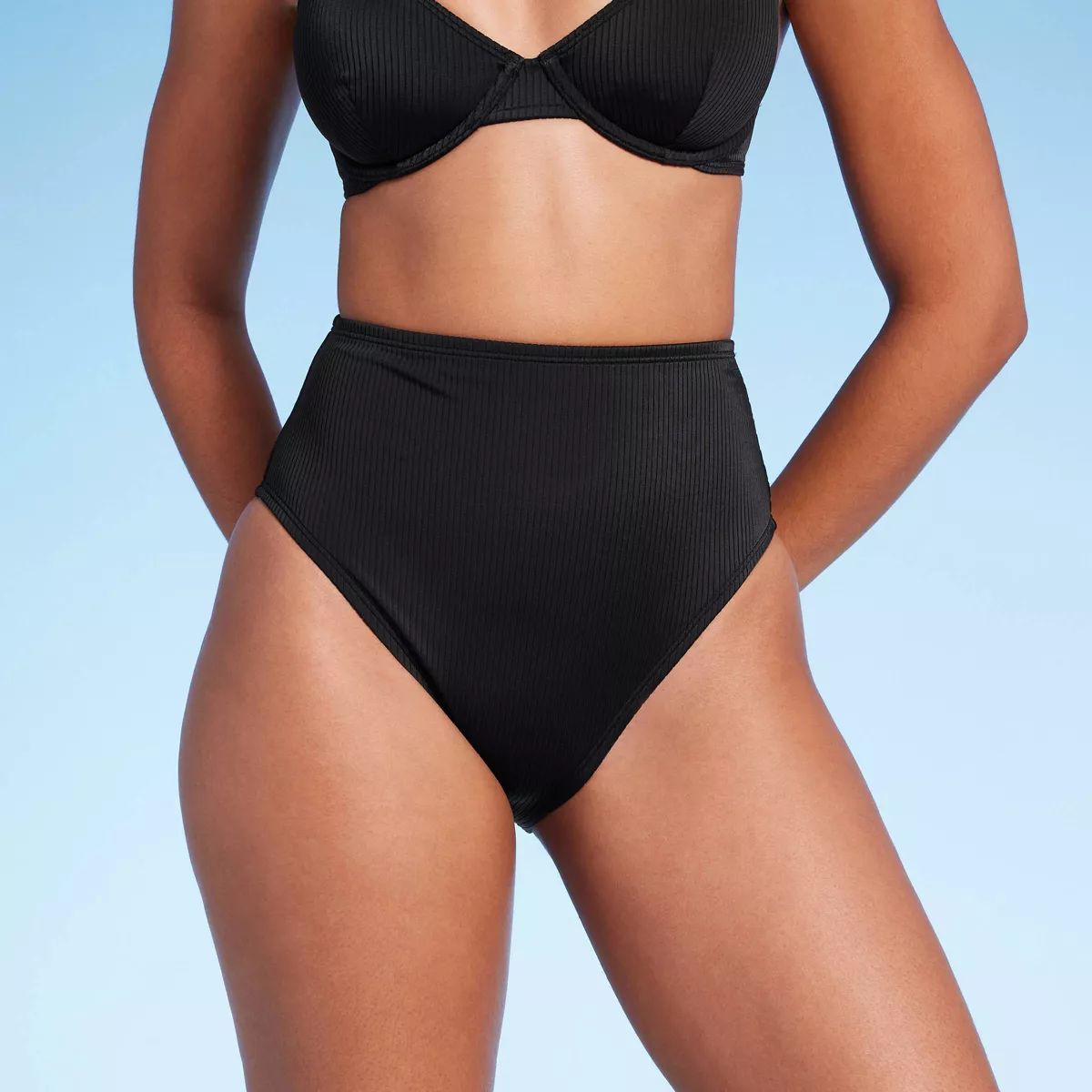 Women's High Waist High Leg Ribbed Medium Coverage Bikini Bottom - Shade & Shore™ Black M | Target