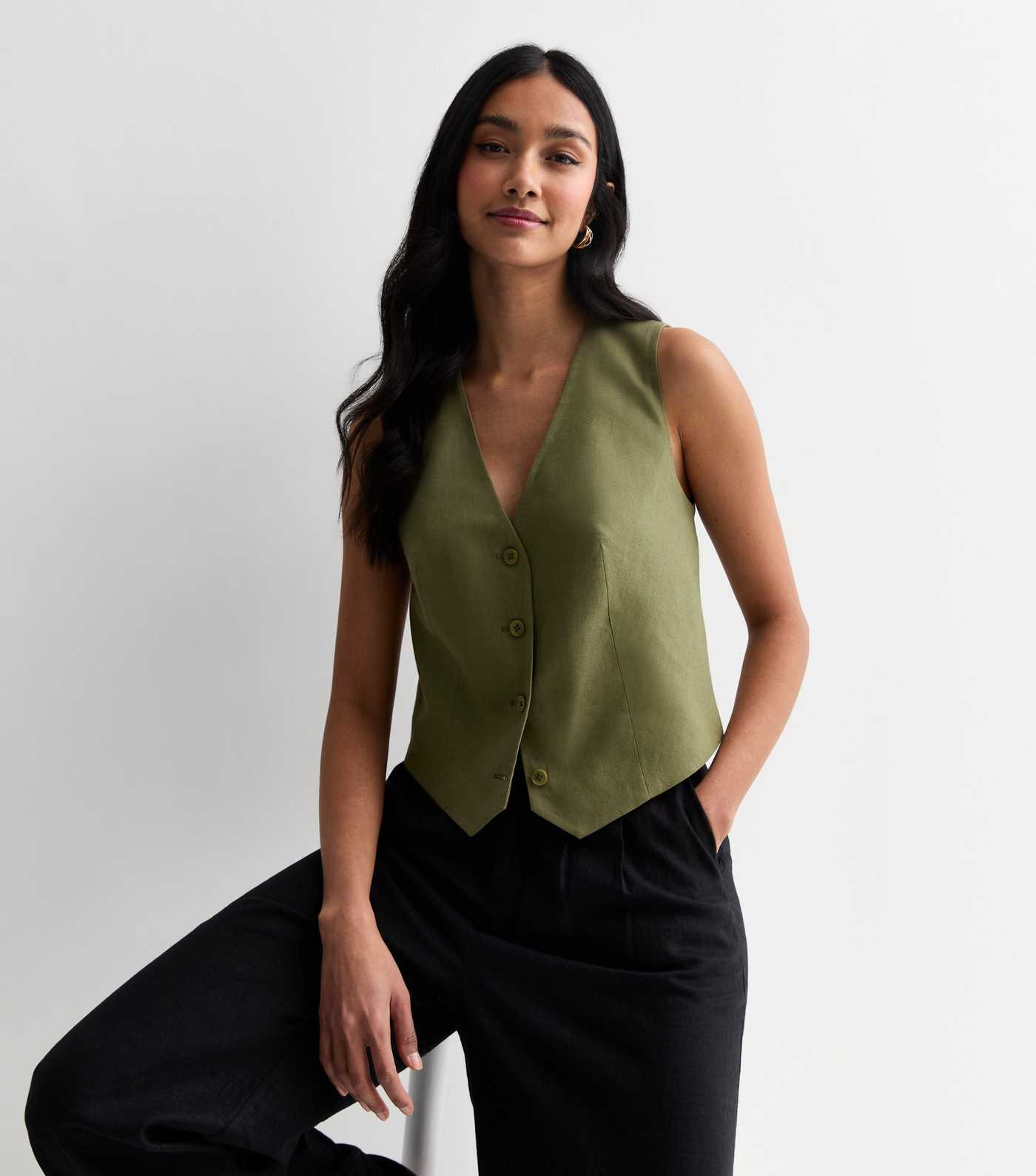 Khaki Linen Blend Button Front Waistcoat | New Look | New Look (UK)