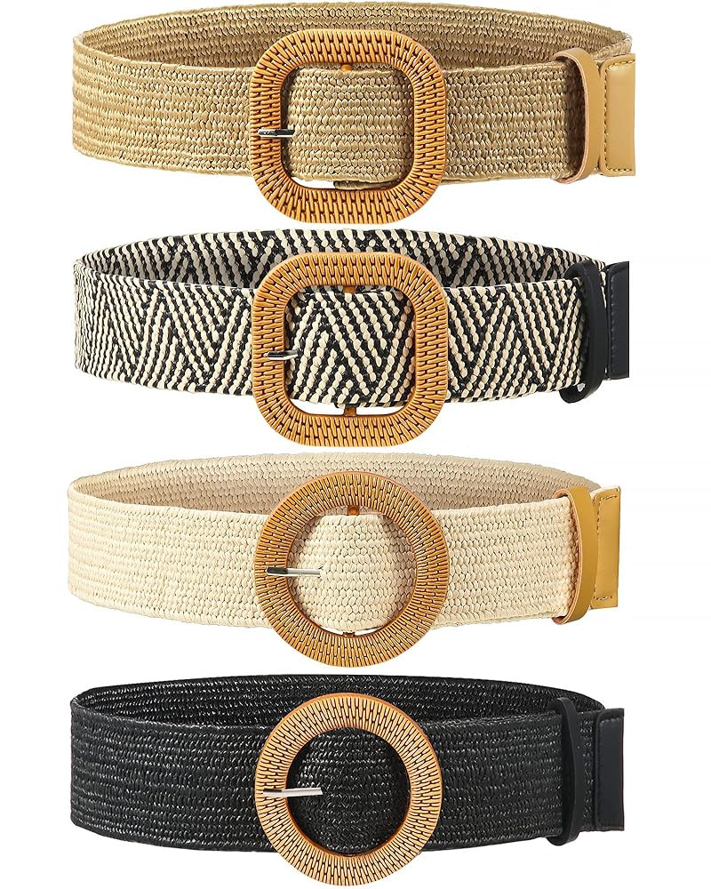 WILLBOND 4 Pcs Straw Woven Belt Elastic Stretch Rattan Buckle Waist Belt Women Skinny Raffia Dres... | Amazon (US)
