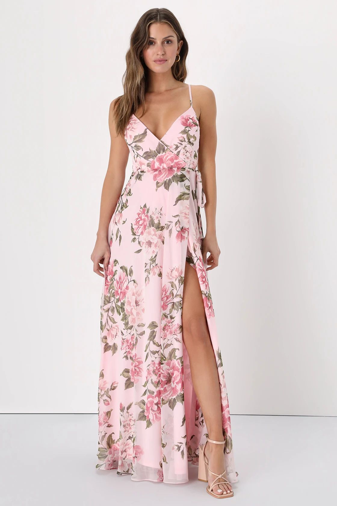 Oh-So Romantic Pink Floral Print Sleeveless Wrap Maxi Dress | Lulus