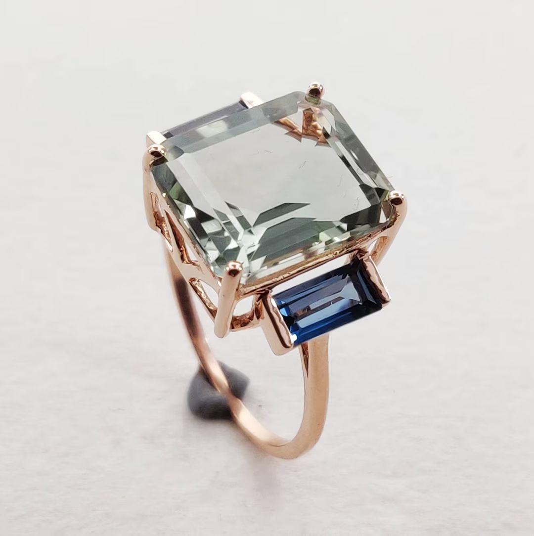 14K Gold Ring, Bridesmaids' And Alternative Engagement Ring, Green Amethyst London Blue Topaz  So... | Etsy (US)