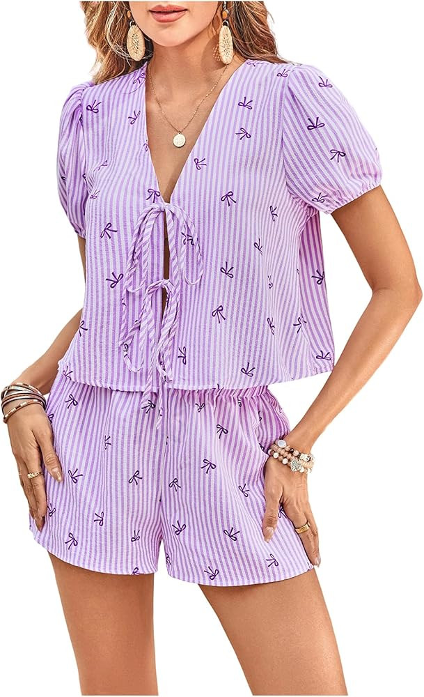 WDIRARA Women's Striped 2 Piece Set Bow Tie Blouse Drawstring Shorts Vacation Leisure Outfits | Amazon (US)