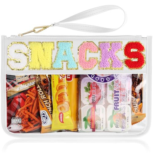 Snack Bag for Travel - Clear Chenille Varsity Letter Flat Pouch with Zipper, Waterproof Clear PVC&PU Preppy Patch Makeup Cosmetic tote Bags for Women Girls (White-Snacks) | Amazon (US)