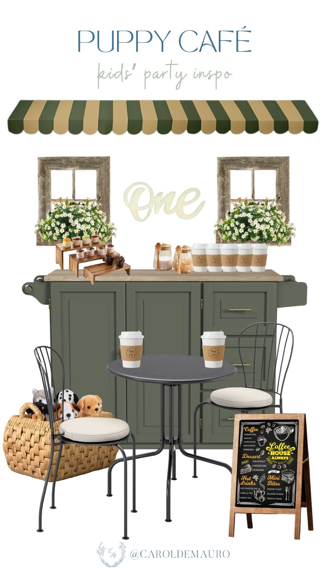 Serving up the sweetest Puppy Café inspiration for the little one's first birthday! This adorable setup pairs cozy coffee shop details and olive green accents with a basket of plush pups for a totally unique and aesthetic party theme. You can shop all these finds to recreate this exact look for your next celebration.

puppy party, kids birthday inspo, coffee shop theme, aesthetic party decor, toddler birthday, 1st birthday ideas, party styling

#LTKHome #LTKU #LTKKids