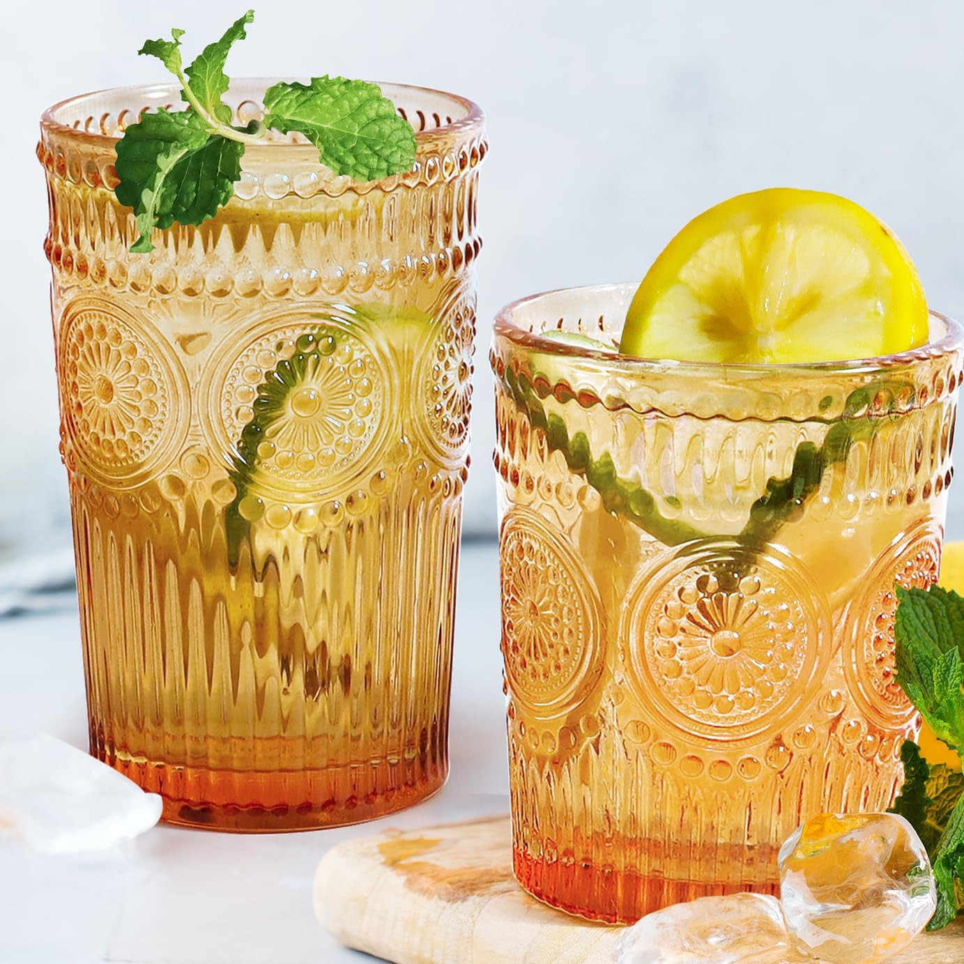 12pcs Vintage Drinking Glasses Set, 12 oz Highball Glasses & 9 oz Embossed Ribbed Glassware Cups for Thanksgiving Cocktail, Juice, Coffee, Whiskey (Amber) | Amazon (US)