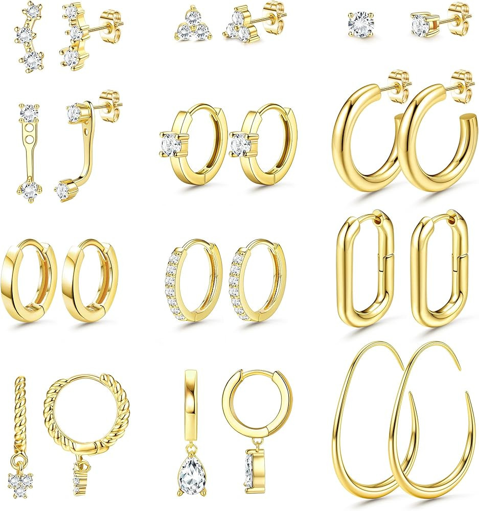 Small 14K Gold Plated Hoop Earrings Set for Women - Hypoallergenic Huggie Hoops for Sensitive Ear... | Amazon (US)