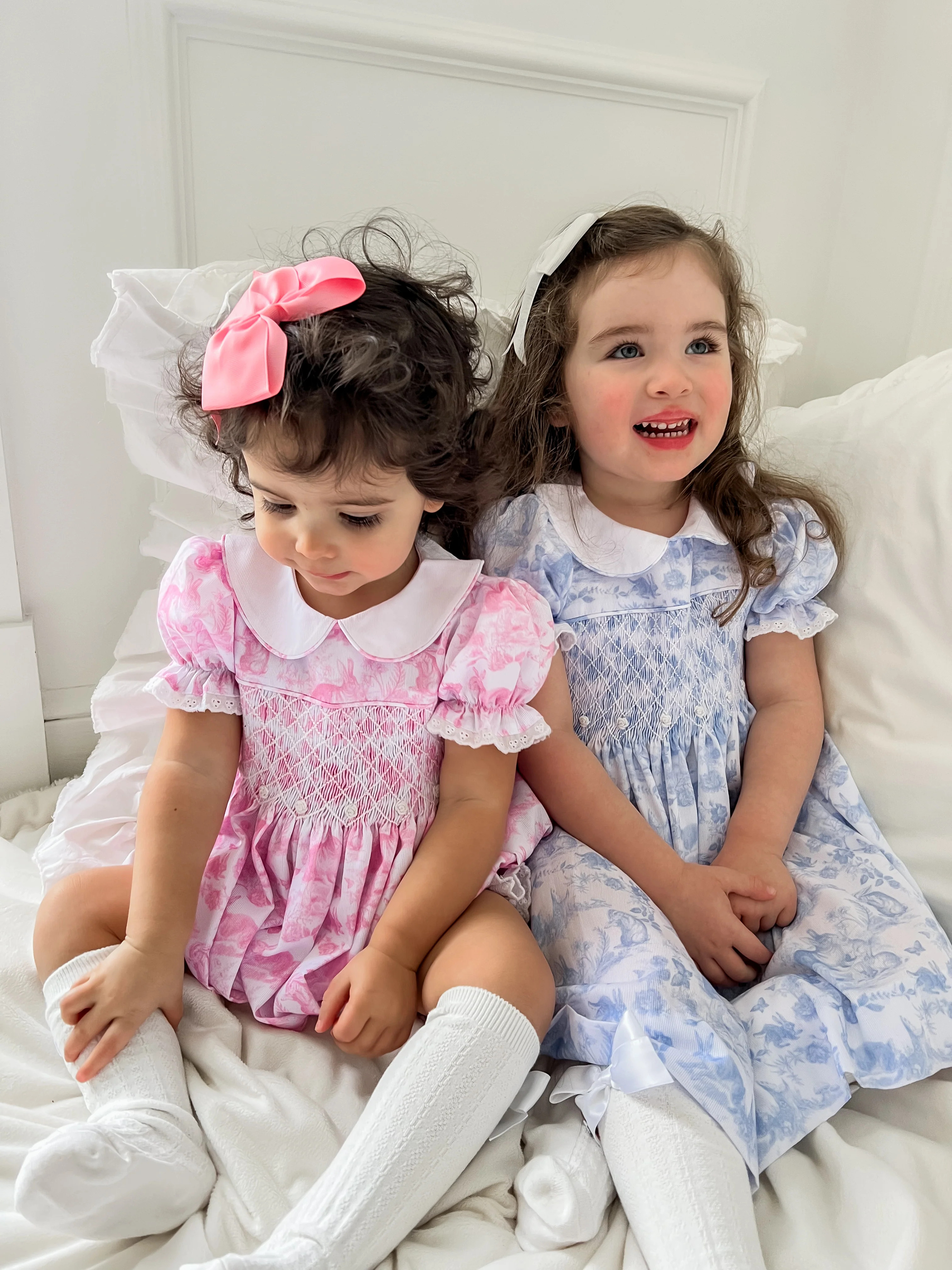 PRE-ORDER Pink Easter Bunny Toile Smocked Bubble | Lillie & Lilah