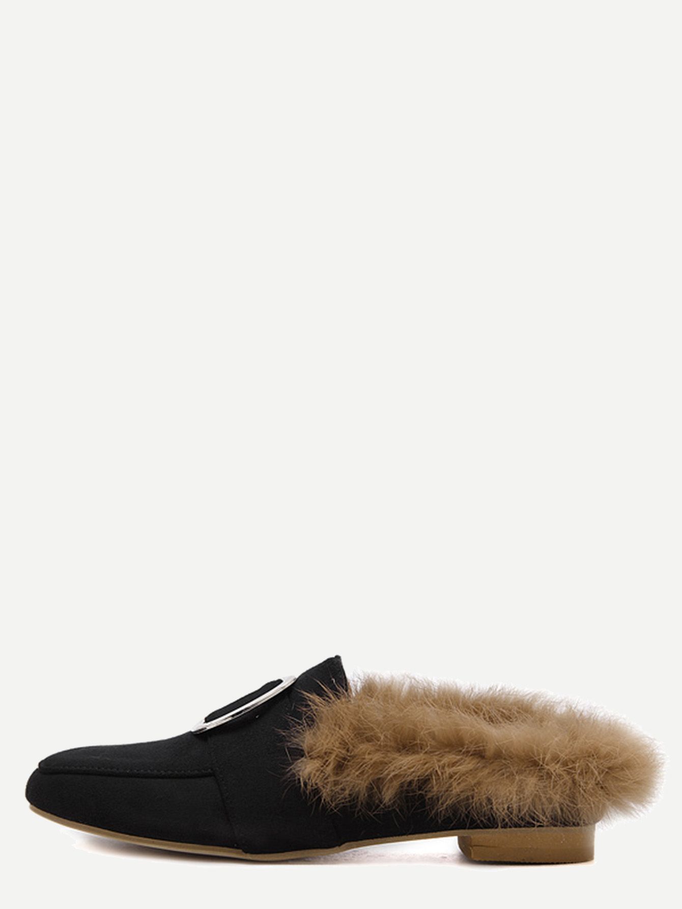 Black Plated Ring Fur Lined Suede Loafer Slippers | SHEIN
