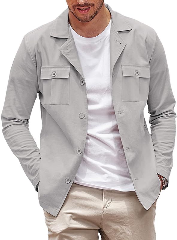 COOFANDY Men's Casual Shirt Jacket Cotton Linen Shacket Lightweight Work Coat Button Down Overshirt | Amazon (US)