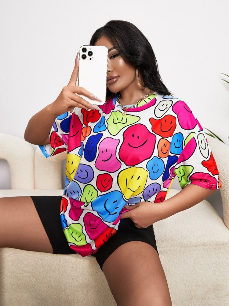 SHEIN SXY Cartoon Face Print Drop Shoulder Tee | SHEIN