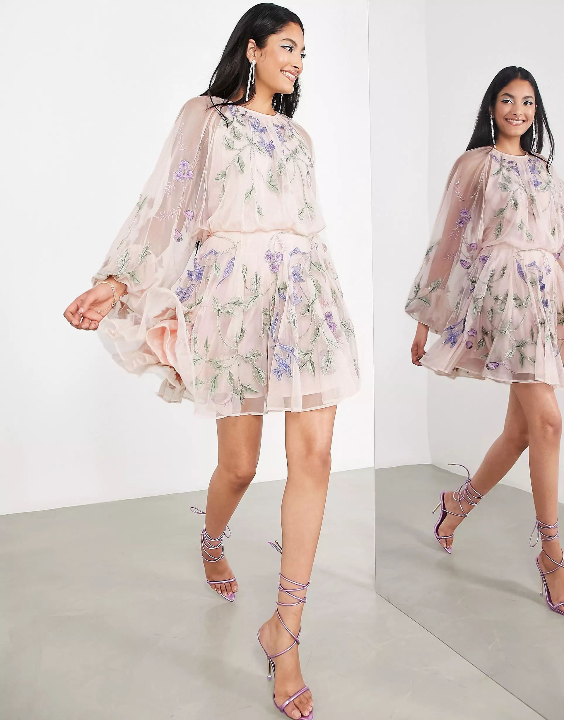 ASOS EDITION floral embroidered mesh mini dress with blouson sleeve in pale pink | ASOS (Global)