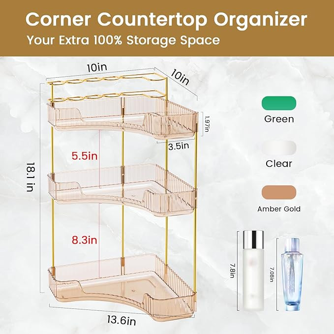 NATURE'S SOURCE Makeup Organizer for Vanity, 3-Tier Corner Bathroom Organizer Countertop with Mak... | Amazon (US)