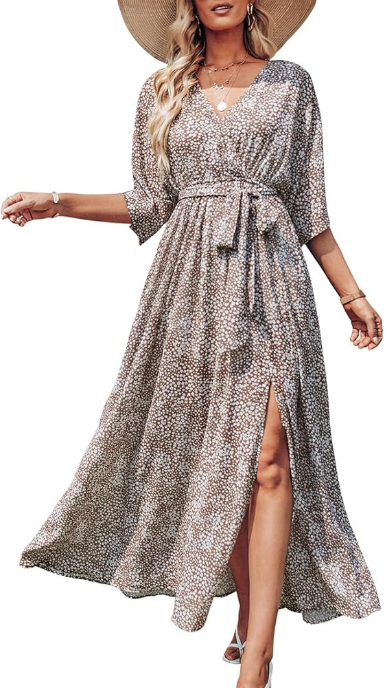 ANRABESS Women’s Summer Loose Boho Flowy Wrap V Neck 3/4 Sleeve Floral Print Slit Beach Wedding... | Amazon (US)