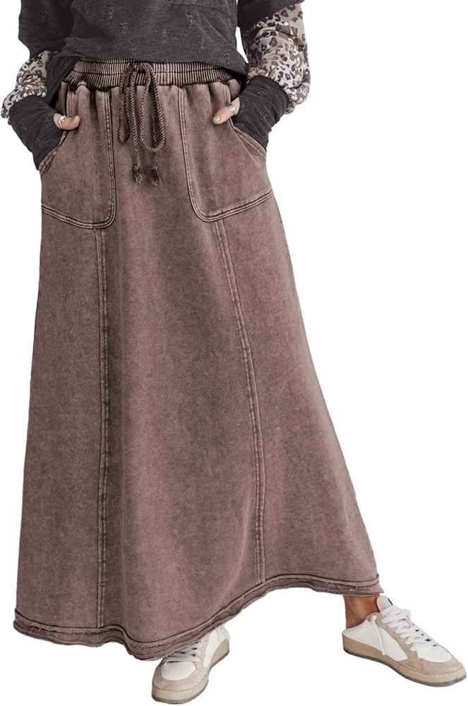 Ainangua Womens High Waist Maxi Skirt Acid Wash Casual Flowy Elastic A Line Travel Boho Long Skir... | Amazon (US)