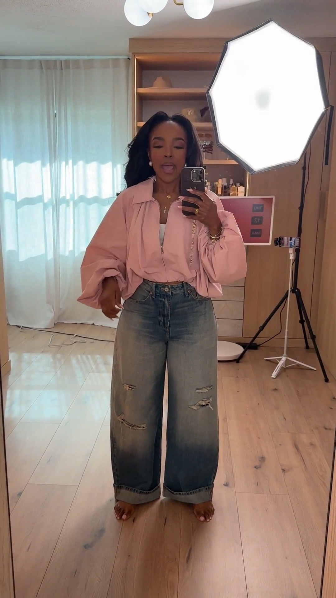 Scroll to shop this casual denim outfit featuring relaxed distressed jeans paired with a soft blush jacket for an easy everyday look. The mix of relaxed denim and a feminine layer makes this an effortless outfit you can wear on repeat, keeping your wardrobe versatile while the cost per wear continues to drop.

Perfect for casual days, errands, coffee runs, travel days, or laid-back weekend outfits.

5'4" | 138 lbs | 34D bust | 27" waist | 40" hips

Follow me on Instagram and YouTube @kirasfashionfinds

